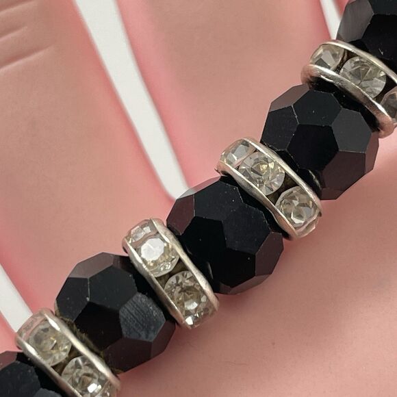 Black Glass Beaded Rhinestone Spacer Stretch Bracelet Boho Fashion Statement - Picture 3 of 6